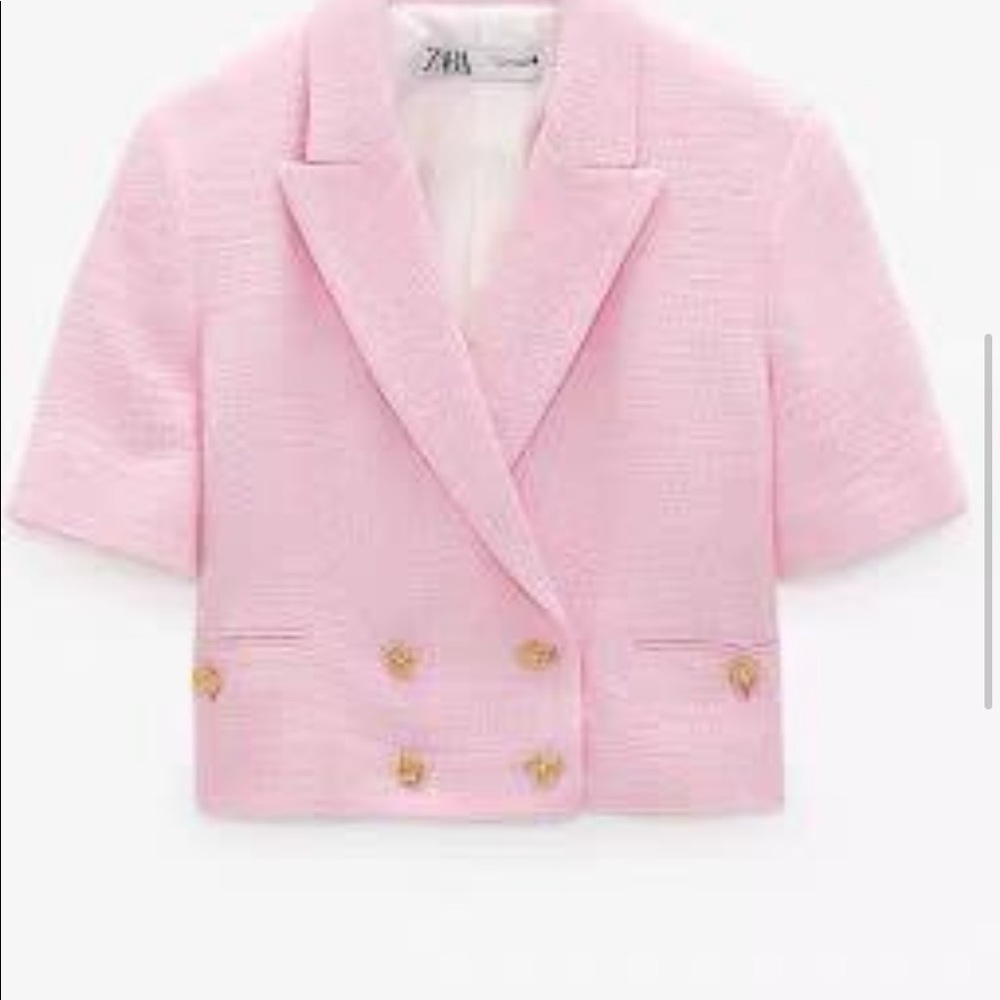 Zara Women's Pink Short-Sleeve Croped Double-Breasted Jacket